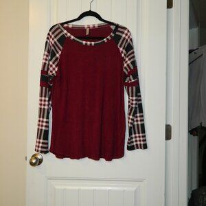 Celeste Burgundy Long Sleeve Top with plaid sleeves size 2X